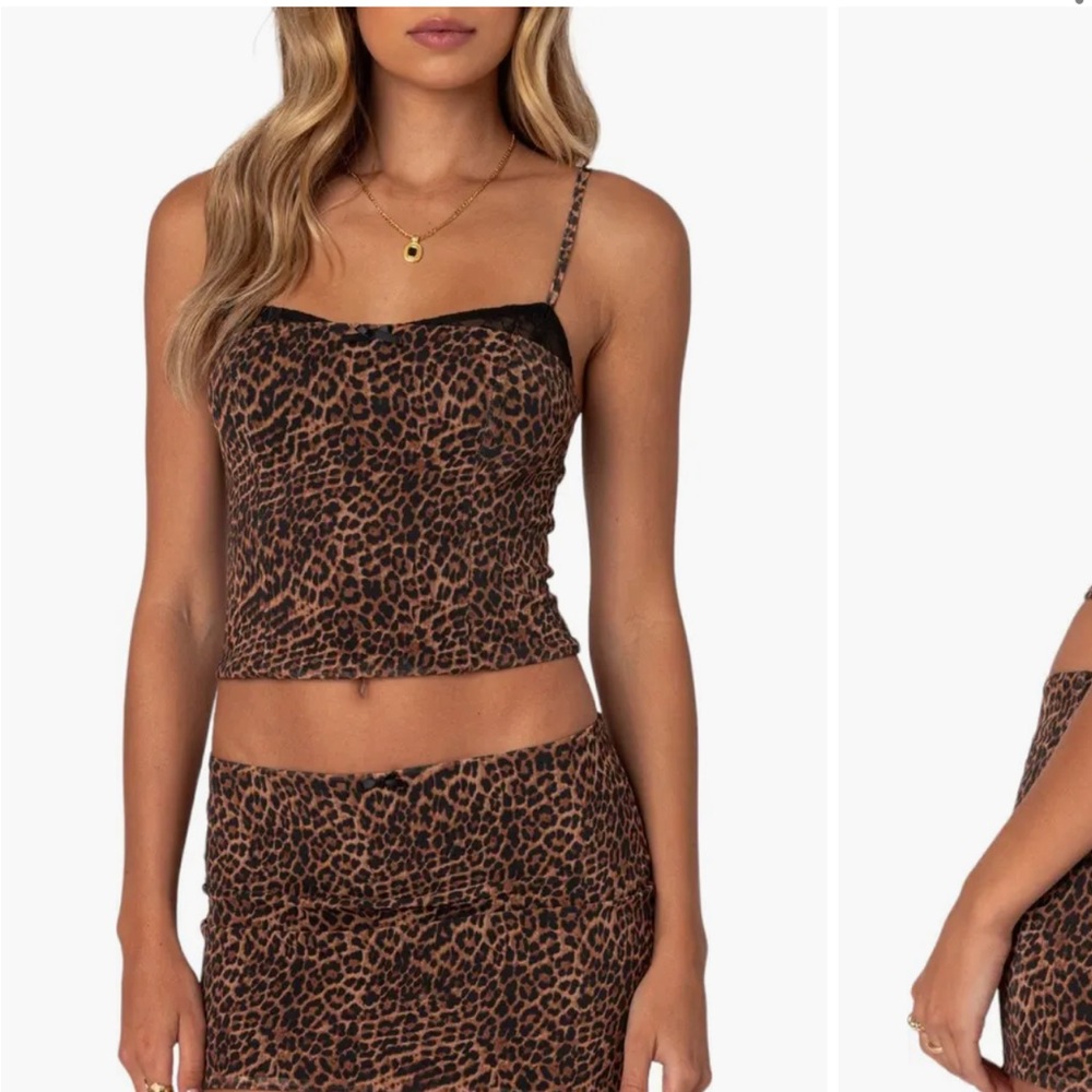 Edikted Erin Brown Leopard Print Mesh Camisole and Skirt SET